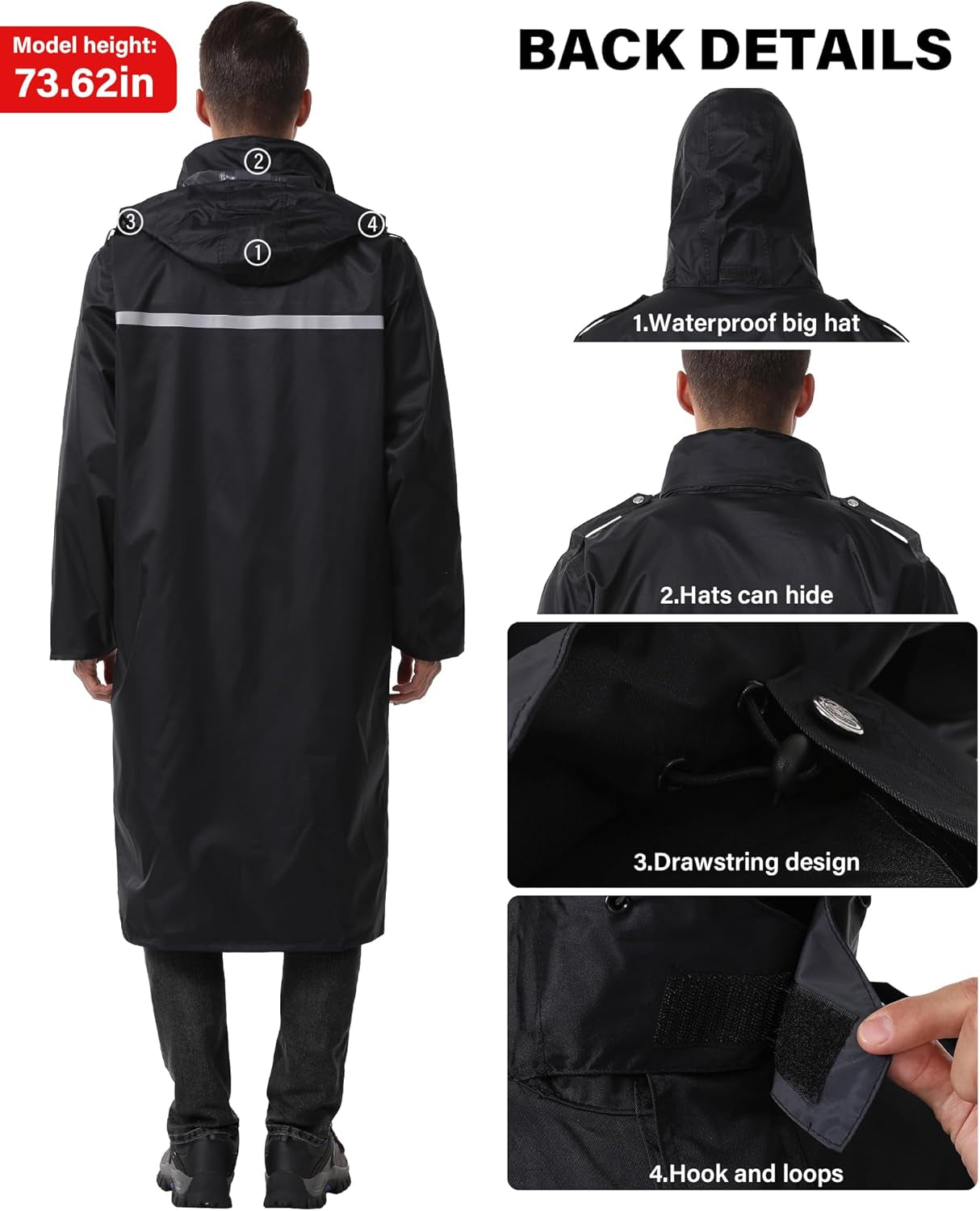 Lightweight Waterproof Long Rain Jacket with Reflective Features and Packable Hood for Men and Women