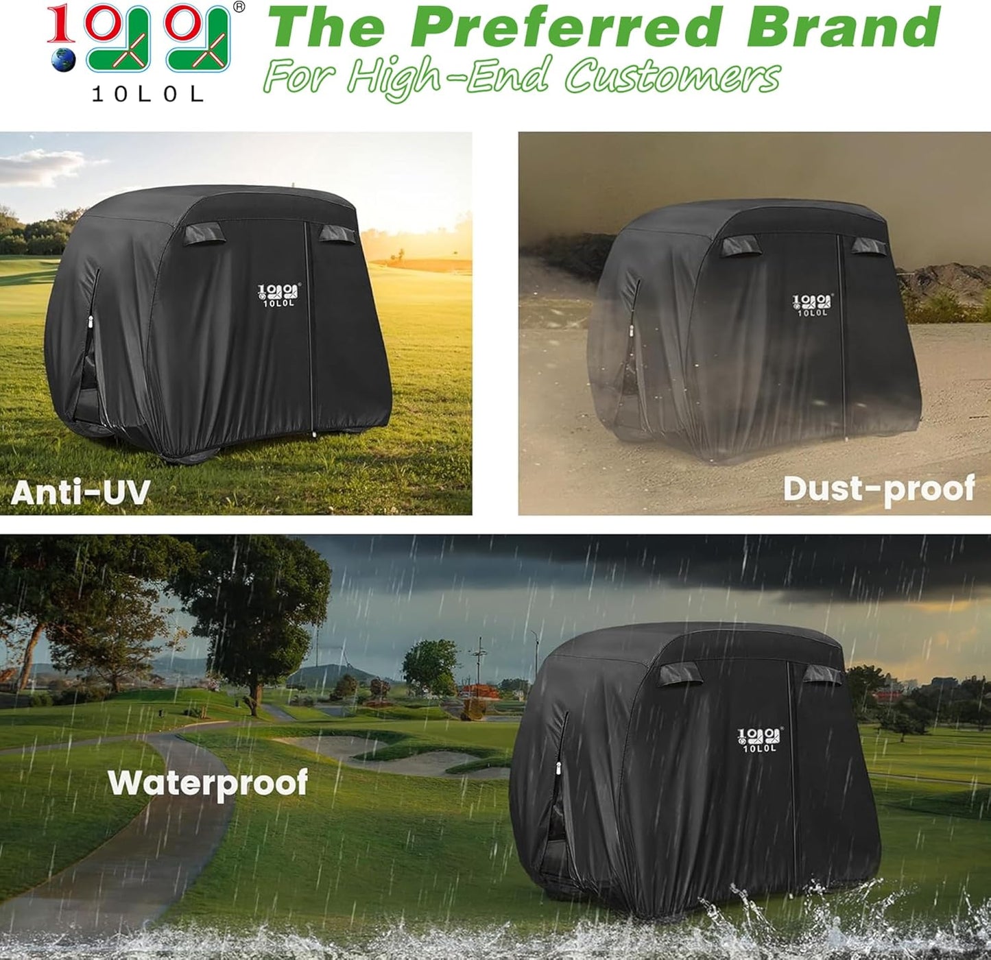 Waterproof Golf Cart Cover, Universal Fit for Yamaha, EZGO, Club Car & Honda, All-Weather 2/4/2+2 Passenger Protection with Three Zipper Doors