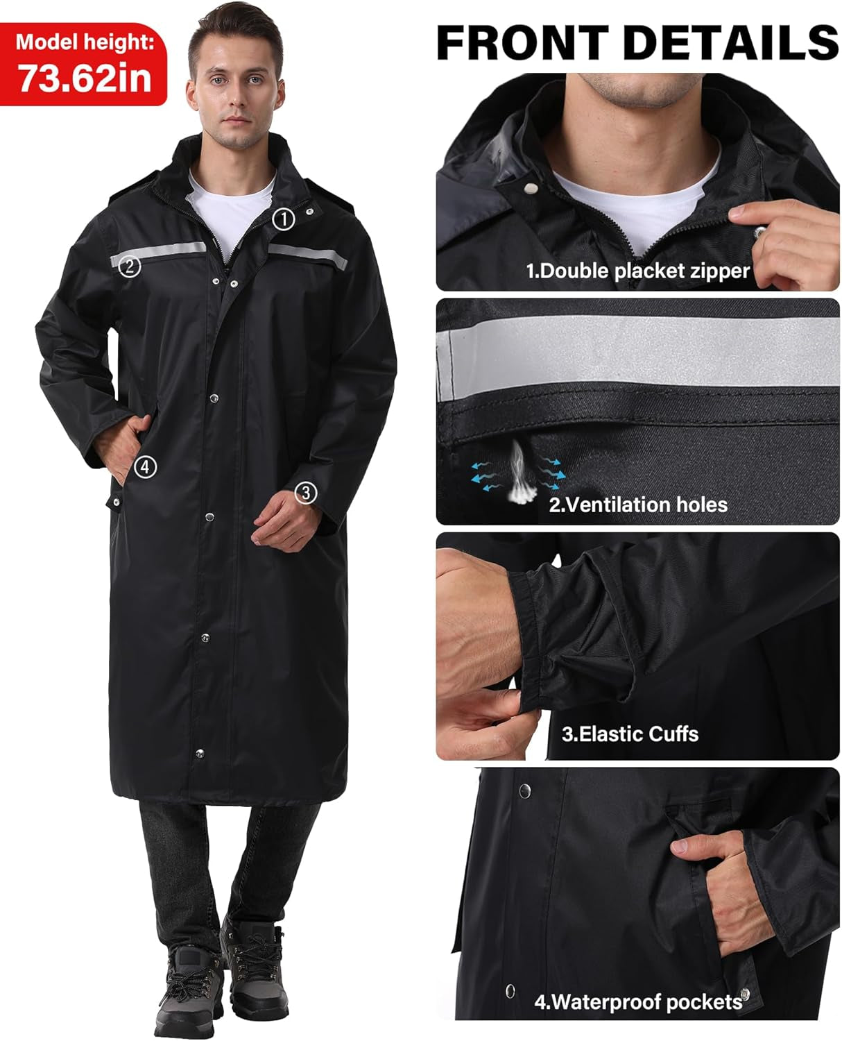 Lightweight Waterproof Long Rain Jacket with Reflective Features and Packable Hood for Adults
