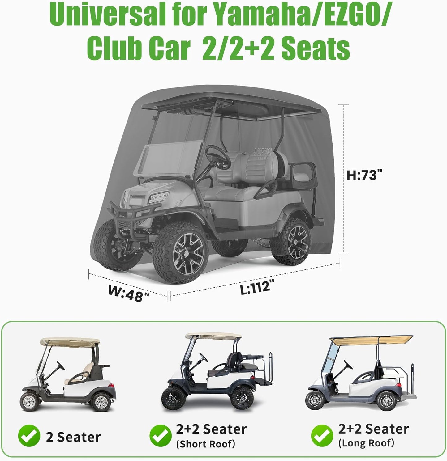 Waterproof Golf Cart Cover, Universal Fit for Yamaha, EZGO, Club Car & Honda, All-Weather 2/4/2+2 Passenger Protection with Three Zipper Doors