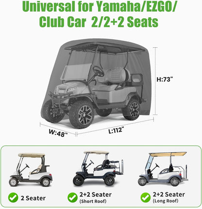 Waterproof Golf Cart Cover, Universal Fit for Yamaha, EZGO, Club Car & Honda, All-Weather 2/4/2+2 Passenger Protection with Three Zipper Doors