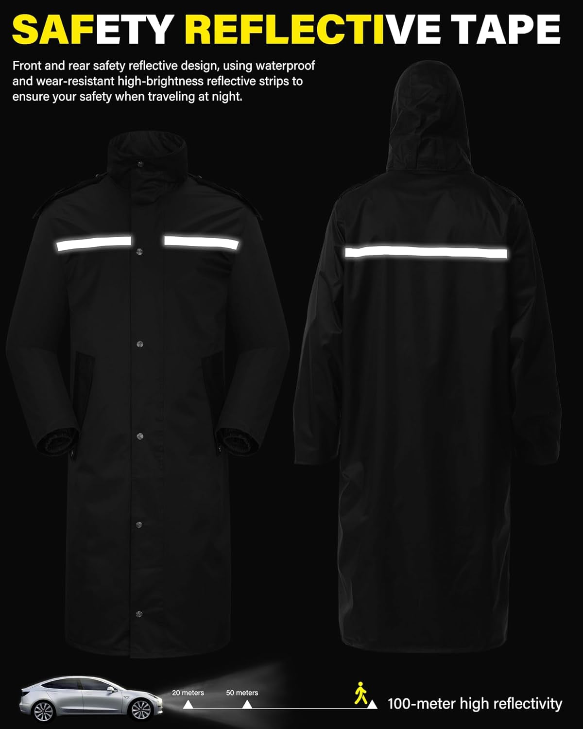 Lightweight Waterproof Long Rain Jacket with Reflective Features and Packable Hood for Adults
