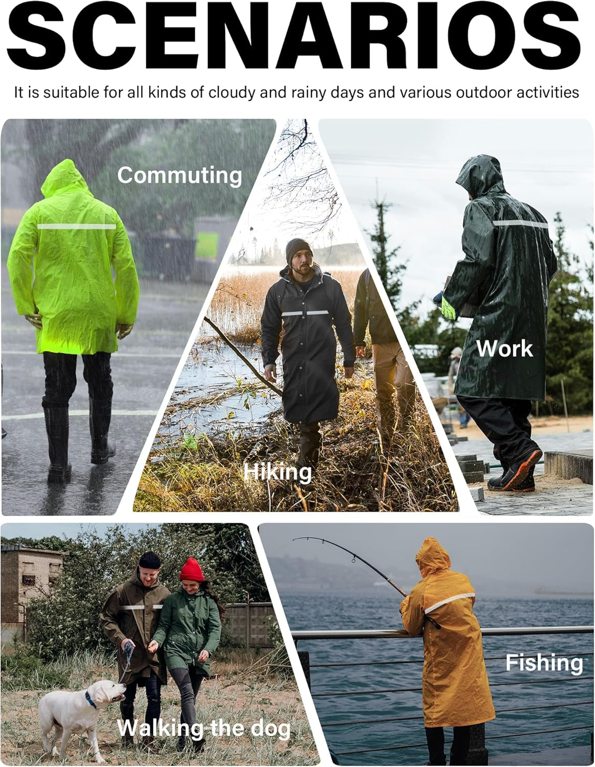 Lightweight Waterproof Long Rain Jacket with Reflective Features and Packable Hood for Adults